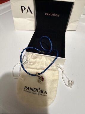 Pandora Blue Braided Leather Bracelet with Red Heart Charm and Silver Accent